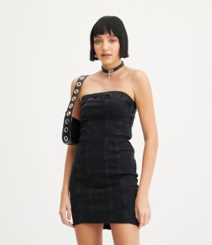 Vestido Curto Em Jeans Com Decote Tomara Que Caia Preto