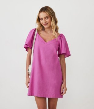 Vestido Curto Em Linho Com Manga Godê Lilás