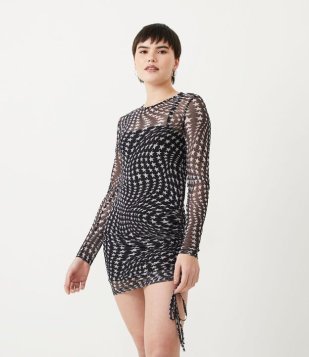 Vestido Curto Em Tule Com Manga Longa E Estampa De Estrelinhas Preto