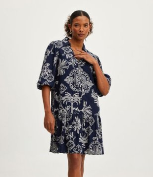 Vestido Curto Em Viscolinho Com Mangas 3/4 E Estampa De Folhagens Azul Marinho