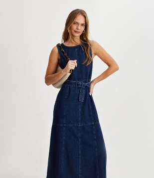 Vestido Longo Regata Em Jeans Com Cinto Azul