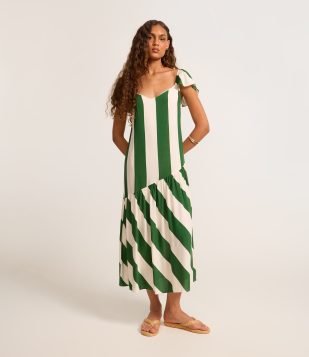 Vestido Longo em Chalis com Estampa Listrada e Babado Assimétrico Off White-Verde