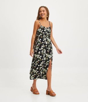 Vestido Midi De Alça Em Viscose Com Franzidos E Estampa Floral Preto