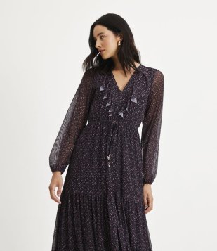 Vestido Midi Em Tule Com Estampa De Gotinhas Preto