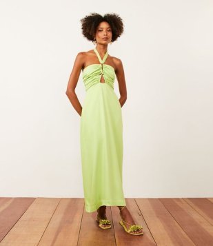 Vestido Midi Em Viscose Com Drapeado No Busto Verde