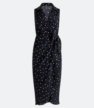 Vestido New Midi Transpassado Em Crepe Poá Preto