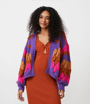 Casaco Em Tricô Texturizado Com Manga Bufante E Mix De Pontos Rosa/ Roxo/ Marrom