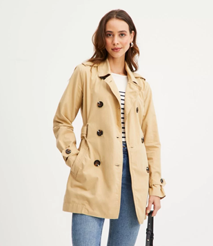 Casaco Trench Coat Em Sarja Com Amarração Larga Bege