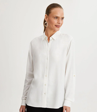 Camisa Básica em Viscolinho com Barra Mullet Branco Neve 