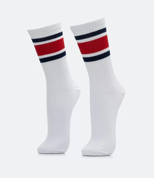 Meia Cano Alto em Algodão Canelado com Listras Branco/ Vermelho/ Azul 
