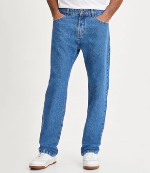 Calça Reta Jeans com Bolsos Azul Médio 