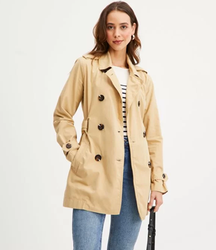 Casaco Trench Coat Em Sarja Com Amarração Larga Bege
