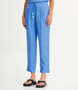 Calça Fluida Em Viscolinho Com Amarração No Cós Azul