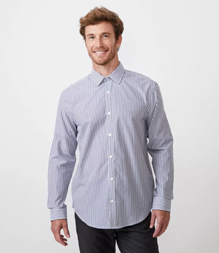 Camisa Comfort em Algodão com Listras e Manga Longa Azul 