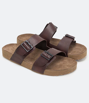 Sandália Slide Em Couro Com Tiras E Fivela Marrom