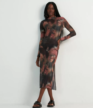 Vestido De Alça Em Tule Com Forro Destacado E Estampa De Borboletas Preto