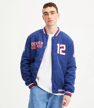 Jaqueta Bomber Em Poliamida Com Bordados E Patches Azul Médio