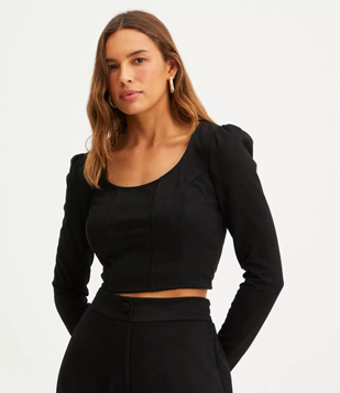 Blusa Cropped Corset em Material Sintético com Manga Longa Preto
