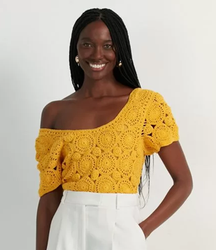 Blusa Cropped Bordada Em Crochê Redondo Amarelo