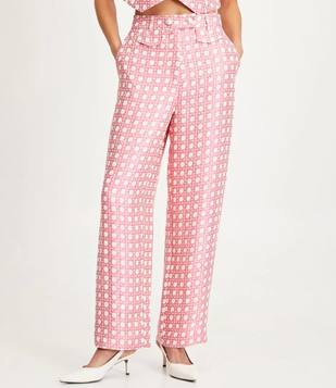 Calça Reta Com Cós Transpassado E Estampa De Palha Da Índia Rosa