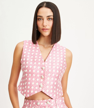 Colete Curto Com Estampa Palha Da Índia E Botões De Brasão Rosa