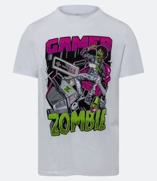 Camiseta Regular em Meia Malha com Estampa de Zombie Gamer Branco