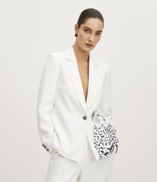 Blazer Em Alfaiataria Com Estampa Localizada De Guepardo Branco Neve