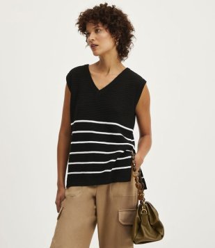 Blusa Alongada Em Tricô Com Listras Preto