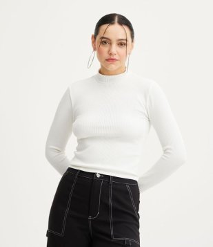 Blusa Em Poliamida Sem Costura Canelada Com Manga Longa Off White