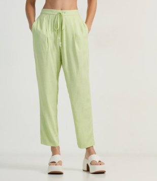 Calça Fluida Em Viscolinho Com Amarração No Cós Verde