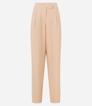 Calça Reta Alfaiatada com Pregas e Cós Deslocado Bege