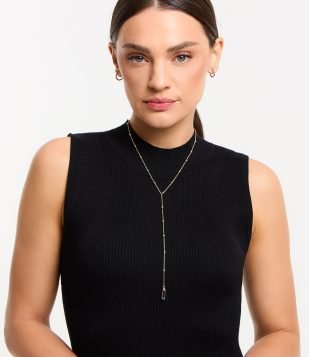 Conjunto Colar Gravata com Cristal e Brincos Meia Argola Dourado-Prata