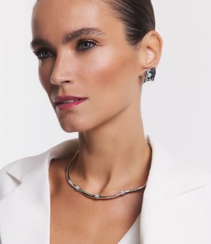 Conjunto de Choker e Brinco Botão de Ostra com Resinas Prata