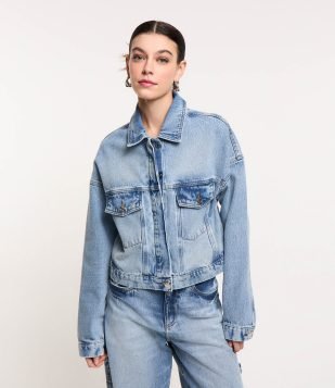 Jaqueta Ampla Cropped em Jeans com Lapelas Azul