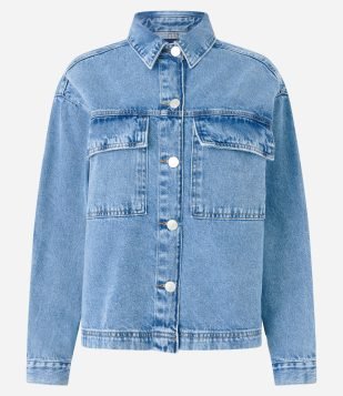 Jaqueta Box Jeans com Abotoamento e Bolsos Lapela Azul