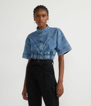 Jaqueta Cropped Jeans com Manga Curta e Elástico na Barra Azul