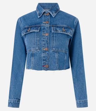 Jaqueta Cropped em Jeans com Botões e Barra a Fio Azul