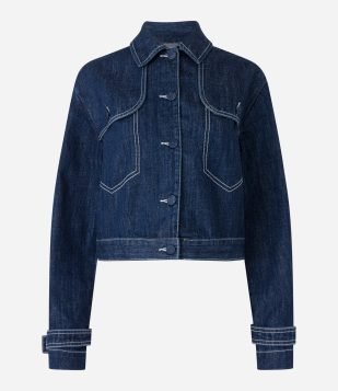 Jaqueta Cropped em Jeans com Costura Aparente Azul Marinho