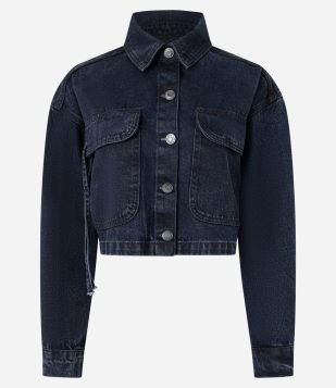 Jaqueta Curta em Jeans com Bolso Cargo Azul