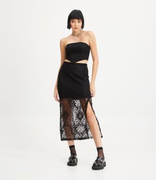 Saia Midi Em Malha De Renda Com Arabesco E Forro Curto Preto