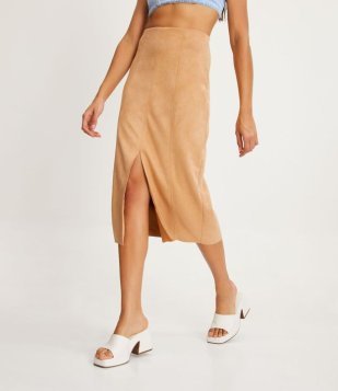 Saia Midi Em Suede Com Fenda Central E Recortes Marrom Claro