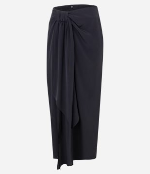 Saia Midi em Crepe com Fenda e Faixa Assimétrica Preto
