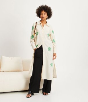 Vestido Chemise Em Linho Com Bordado Costela De Adão Off White