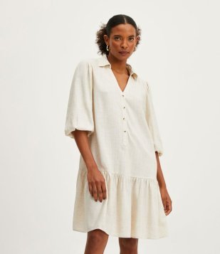 Vestido Chemise Em Viscolinho Com Mangas 3/4 E Babados Marias Bege