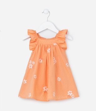 Vestido Infantil em Tricoline com Babados e Bordado de Florzinhas - Tam 3 a 18 meses Laranja
