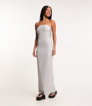Vestido Longo Texturizado Tomara que Caia Cinza