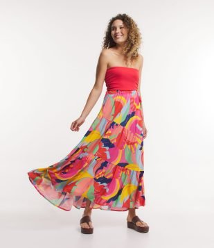 Vestido Longo em Viscose Amarração Lateral e Estampa Tropical Vermelho