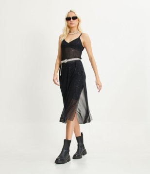 Vestido Midi De Alça Em Tule Com Brilho E Sem Forro Preto