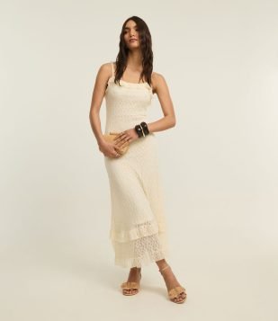 Vestido New Midi em Renda com Babados e Alça Fina Off White