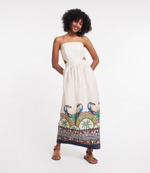 Vestido New Midi em Tricoline Tomara que Caia e com Estampa Tucanos Bege Creme